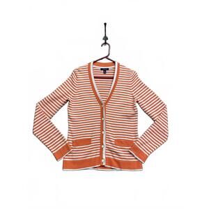 Lands' End Orange and White Striped Button-Up Cardigan Women's Size Small 6-8